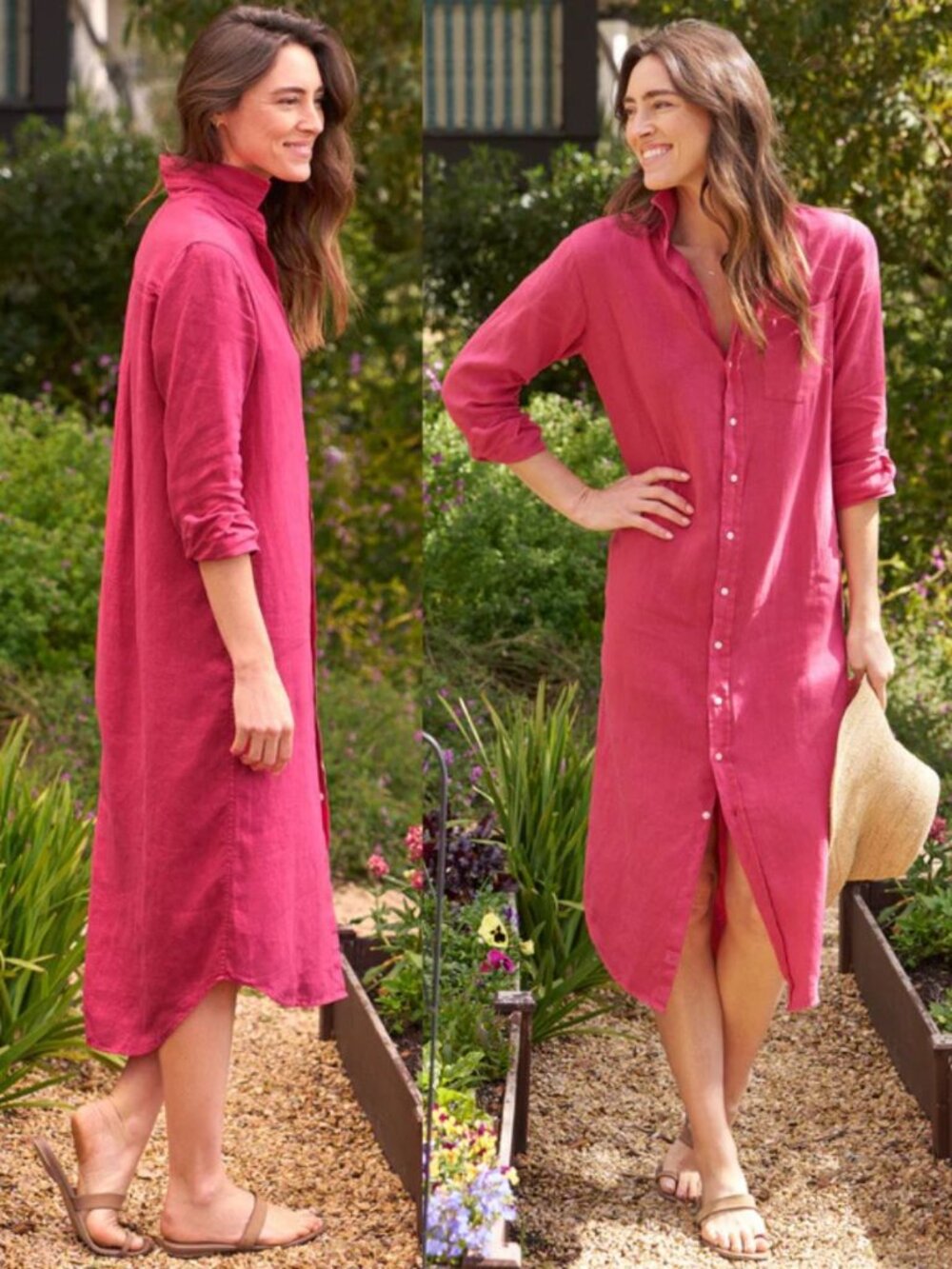 Frank & Eileen Rory Dress Hot Pink Raspberry Washed Linen Maxi Shirtdress Size L